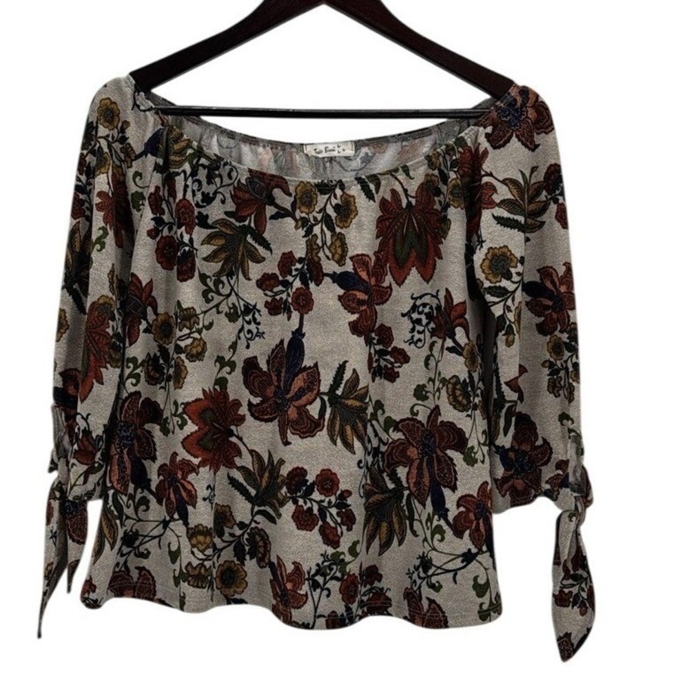 Tres Bien Floral Off Shoulder 3/4 Sleeve Tie Cuff Blouse‎ Top Womens S